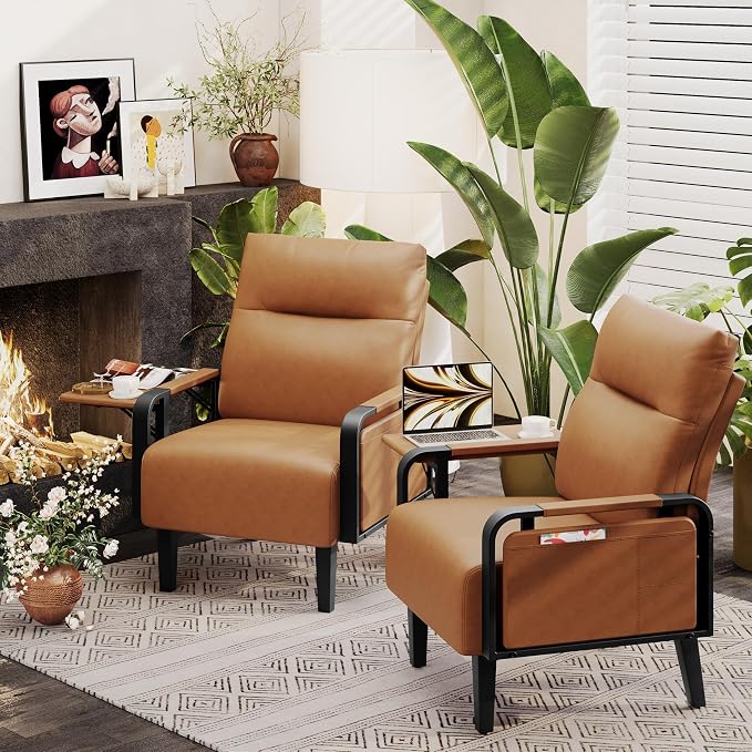 Andeworld Modern Brown Accent Chair, PU Leather Upholstered Armchair Side Chair - Image 8