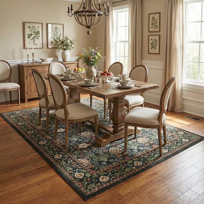 GarveeHome Green Washable Area Rug 5x7, Retro Floral Low Pile Non Slip Living - Image 2
