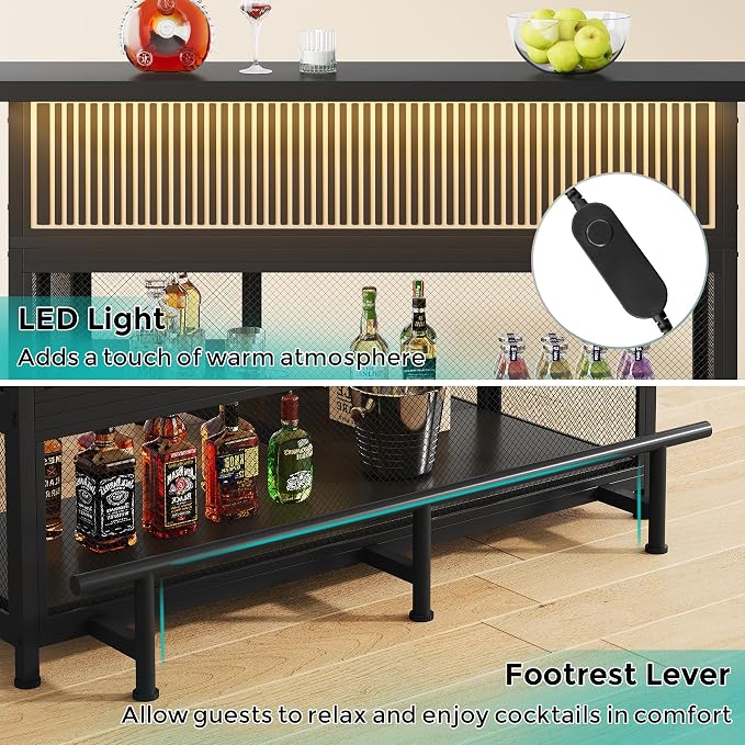 L-Shaped Home Bar Unit with Wine Glasses Holder and LED Light, Modern Bar Table - Image 9