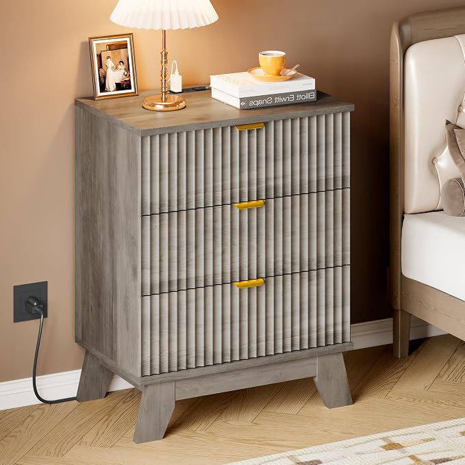 BORNOON 30.5" Nightstand with Charging Station, 3-Drawer Fluted Bedroom Chest - Image 6