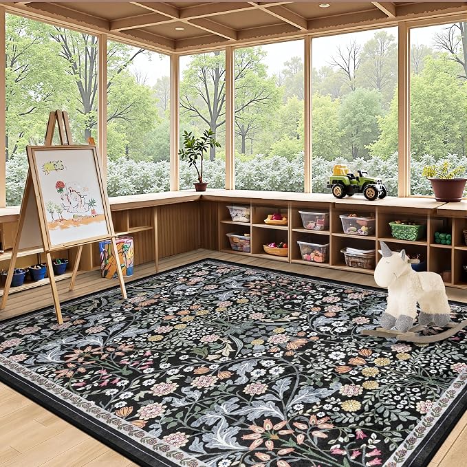PLHXFR Area Rug Living Room: 4x6 Floral Washable Boho Carpet Dark Black | - Image 5