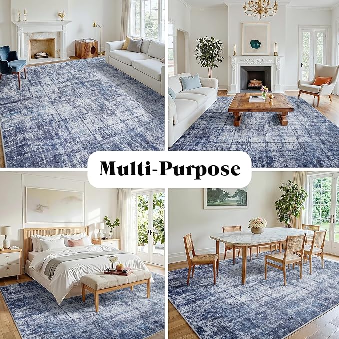 10x14 Washable Area Rug for Living Room Bedroom: Non-Slip Modern Navy Blue | - Image 3