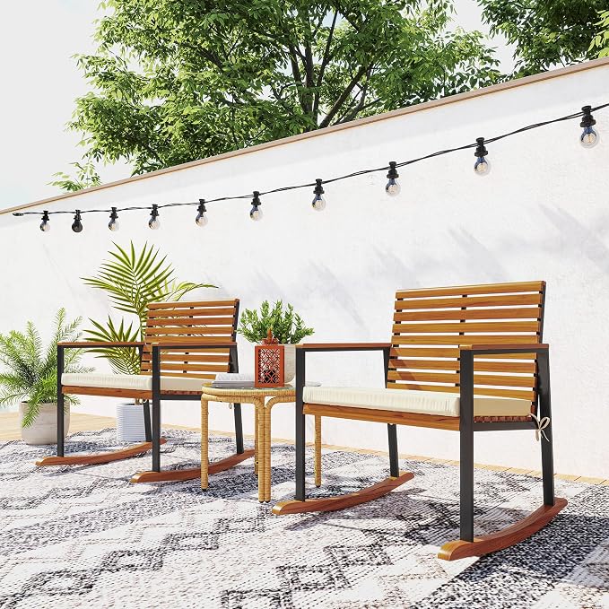 Outsunny Outdoor Rocking Chair Set of 2, Acacia Wood Outdoor Rockers - Image 8
