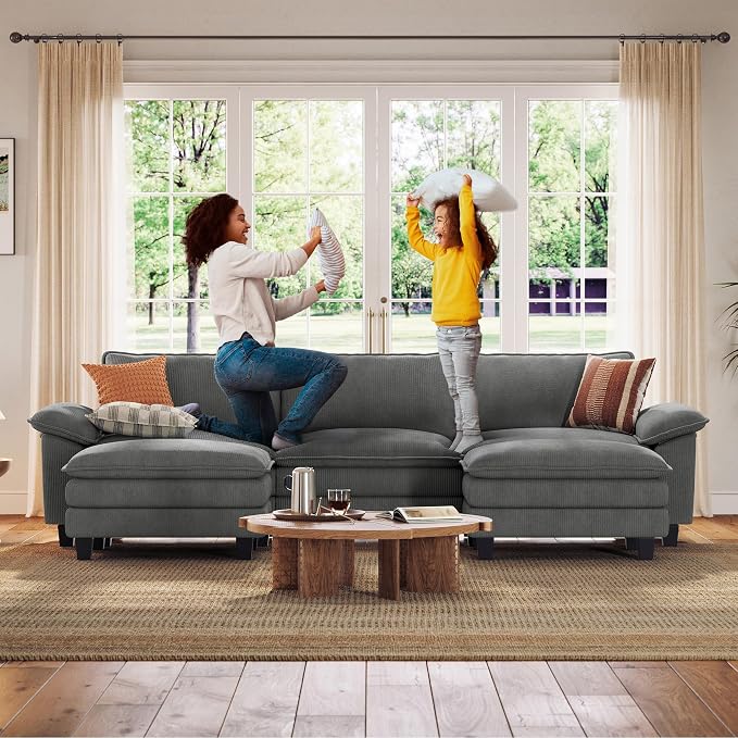 LINSY HOME 123" Modular U-Shaped Sectional Sofa, 3-Seat Corduroy Modern Cloud - Image 7