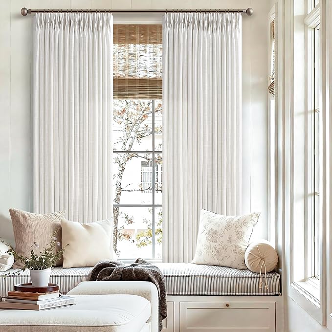 Short Beige White Linen Pinch Pleated Semi Sheer Curtains 63 Inch Long 50W | - Image 5