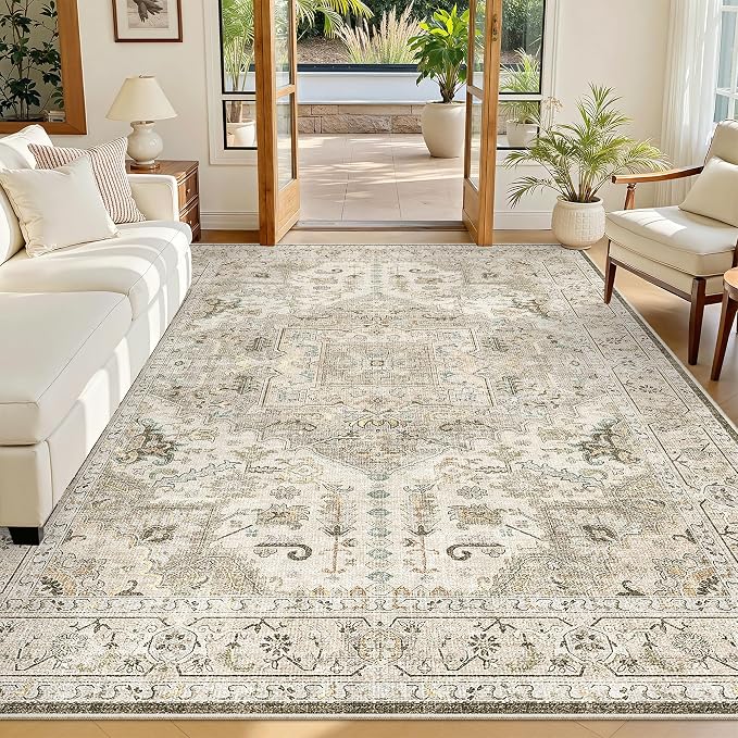 Madane 5x7 Area Rugs for Living Room, Non-Slip Washable Rug, Ivory/Brown | by Madane