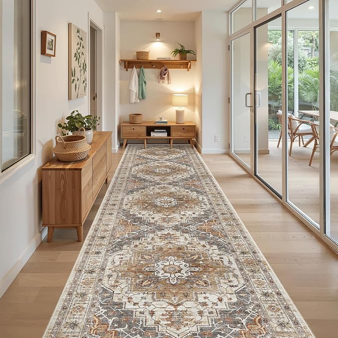 Madane Hallway Runner Rug 3x16 Washable Kitchen Runners Long, Turmeric/Grey | - Image 3