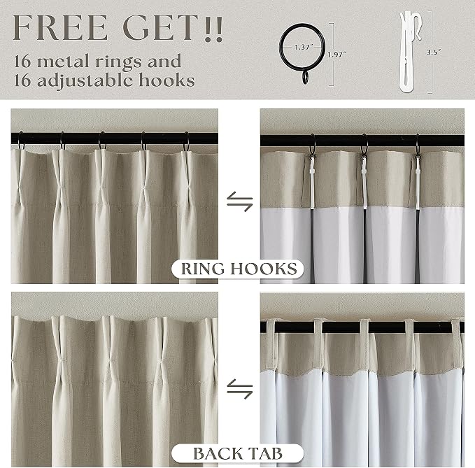 Oatmeal Beige Pinch Pleated 100% Black Out Linen Curtains 84 Inch Length | Room - Image 6