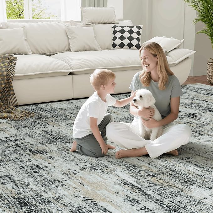 10x14 Washable Area Rug for Living Room Bedroom: Non-Slip Modern Black Gray | - Image 7