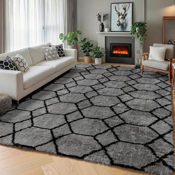 Area Rugs for Living Room, 5x8 Fluffy Grey and Black Bedroom Geometric Rug | - Image 6