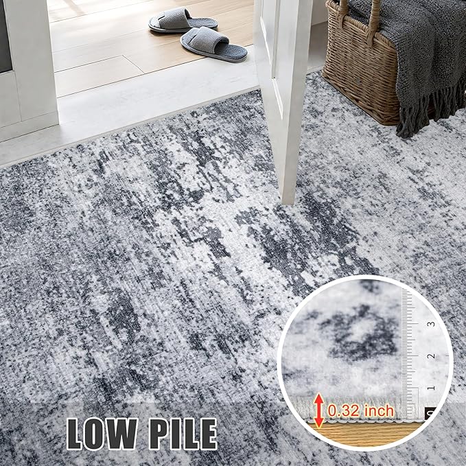 2.6x14 Washable Runner Rug:Modern Abstract Indoor Soft Carpet Grey | - Image 7
