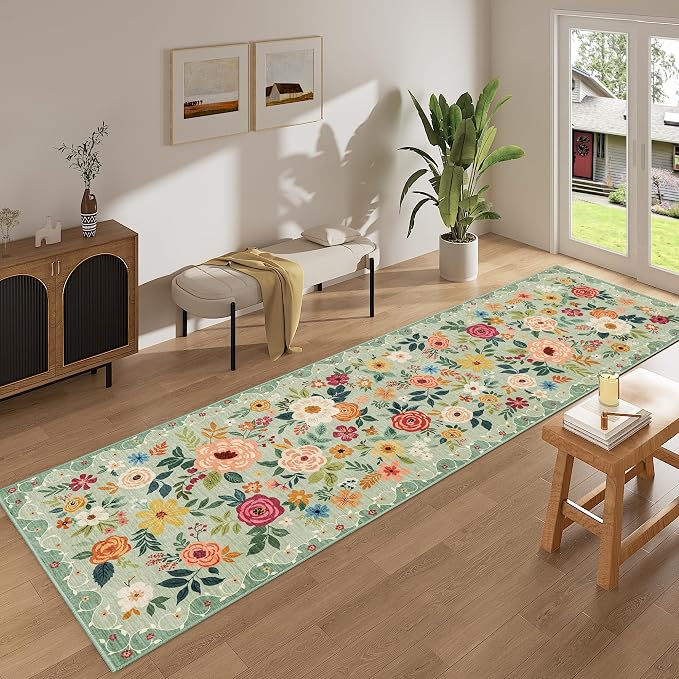 DUKINO 3x10 Runner Rug, Floral Washable Kitchen Runner Rug Non Slip, Low Pile - Image 7
