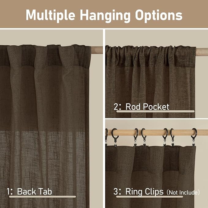 Linen Curtains 48 Inch Length Semi Sheer Light Filtering 2 Panels | Linen - Image 3