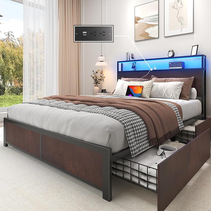 Lifezone Full Bed Frame with 2-Tier Storage Headboard, Metal Platform Bed Frame by Lifezone