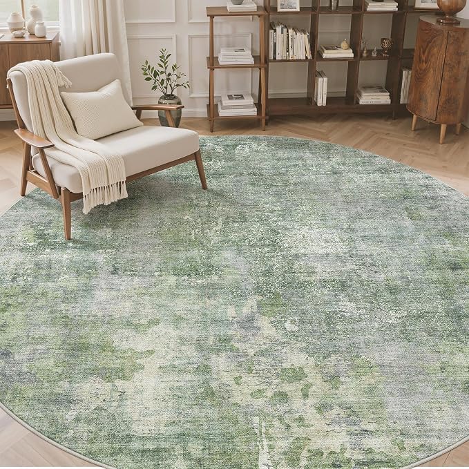 Soalmost Round Rugs 8ft Living Room Circle Area Rug 8x8 Green/Ivory Vintage | - Image 4
