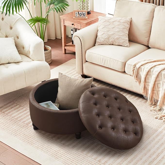 30-Inch Round Storage Ottoman, Button Tufted Ottoman Coffee Table - Image 6