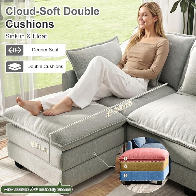 107" Cloud Couch Sectional, U Shaped Modular Sectional Sofa, 4-Seat Deep Seat - Image 4
