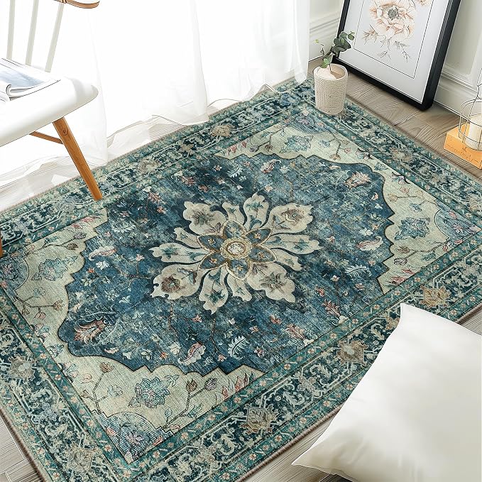 RELEANY Washable Area Rug, Water Repellent, Pet Friendly, Vintage Floral Boho by RELEANY