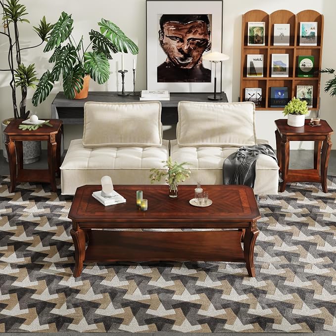 Traditional Distressed Farmhouse Style Coffee Table Set, 2-Piece Solid Wood - Image 8