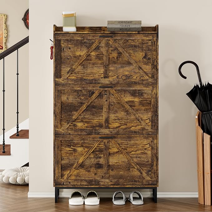 BORNOON Shoe Cabinet with 3 Flip Drawers Narrow Shoe Storage Cabinet Organizer - Image 4