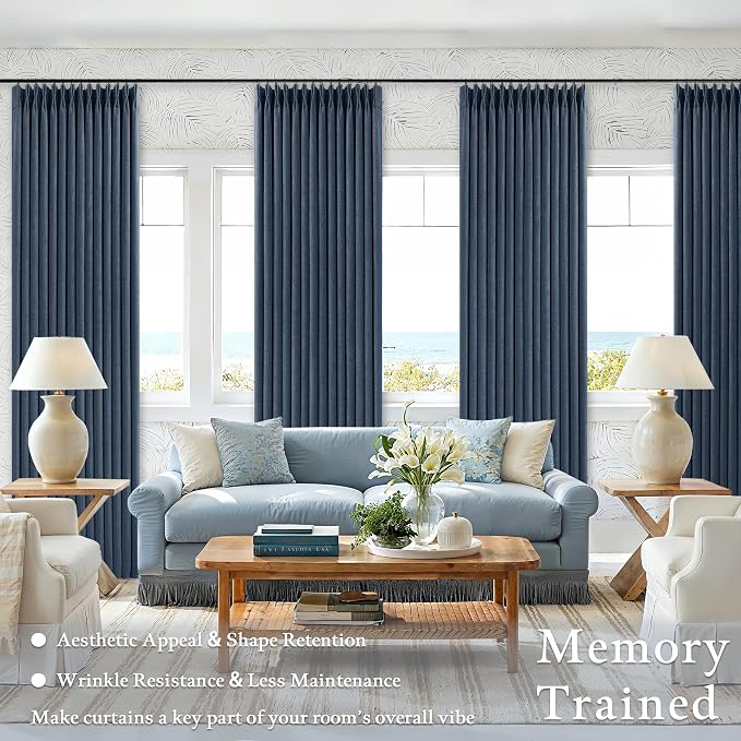 Navy Pinch Pleated Blackout Linen 102 Inch Dual Layer Curtains 2 Panels Set | - Image 6