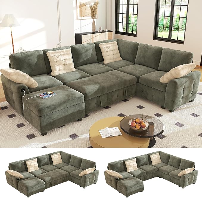 Ihanherry 106-inch Large L-Shaped Sectional Sofa Bed, 7-Seater Convertible Pull by iHanHerry