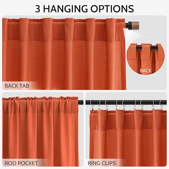 Bright Orange Linen Blend Light Filtering Back Tab Curtains 84 Inches Long - Image 3