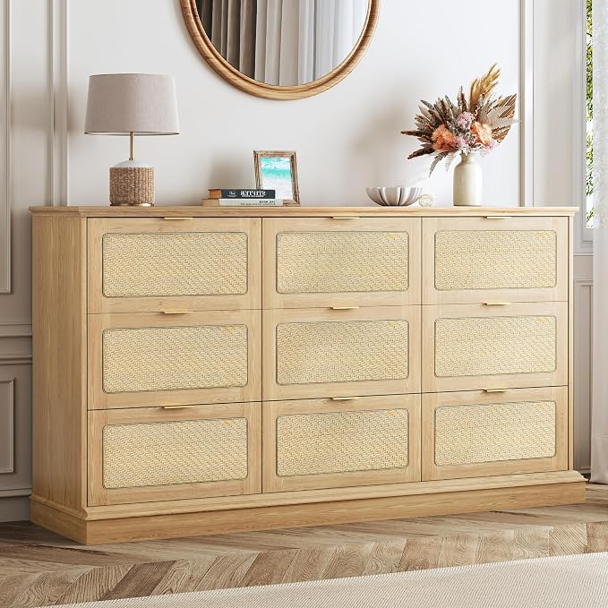 HUAHUU 9 Drawer Dresser for Bedroom, 60 Inch Long Dressers & Rattan Chest of by HUAHUU