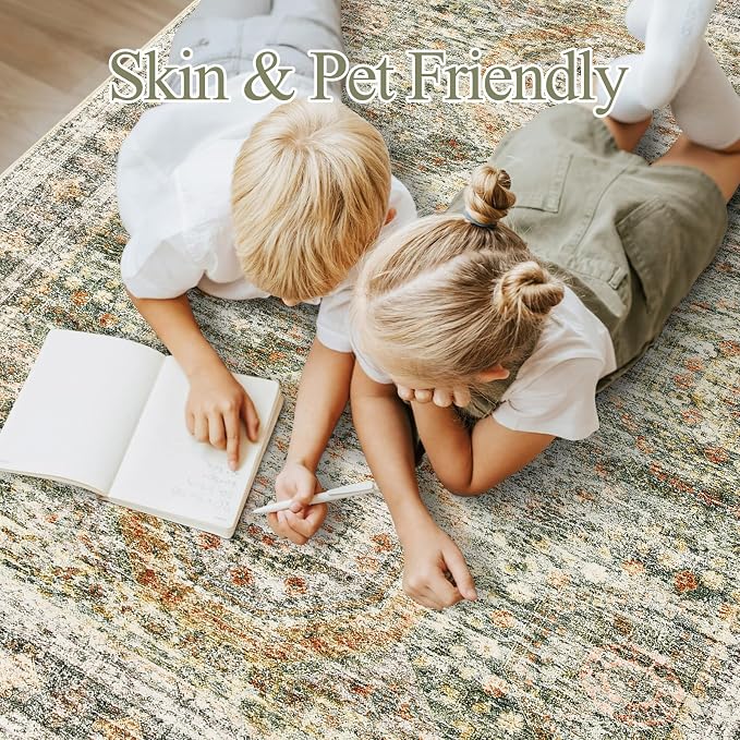 Soalmost 5x7 Area Rug Green/Orange Low Pile Washable Trendy Faded Style Rug | - Image 9