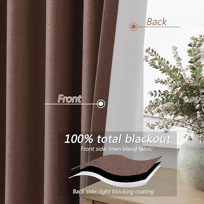 Cappuccino 100% Blackout Linen Curtains 84 Inch Length 2 Panels Set - Image 4