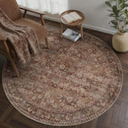 4ft Round Brick Red Vintage Floral Washable Rug by HUGEAR