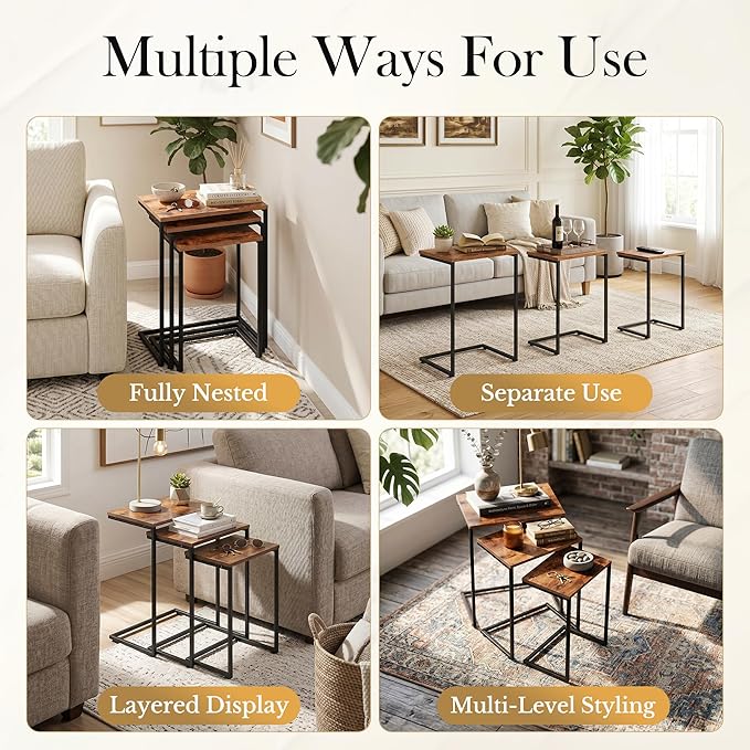 SUPER DEAL Nesting Tables Set of 3, Industrial C Shaped End Table Stackable - Image 4