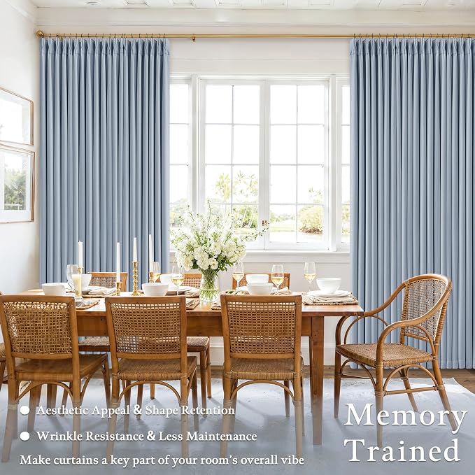 120 Inch 100% Blackout Pinch Pleated Linen Curtains Light Blue - Image 6