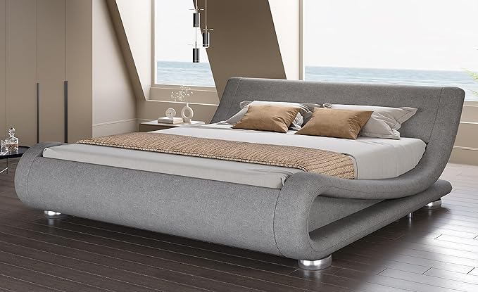 SHA CERLIN King Size Upholstered Bed Frame, Deluxe Low Profile Sleigh Bed by SHACERLIN