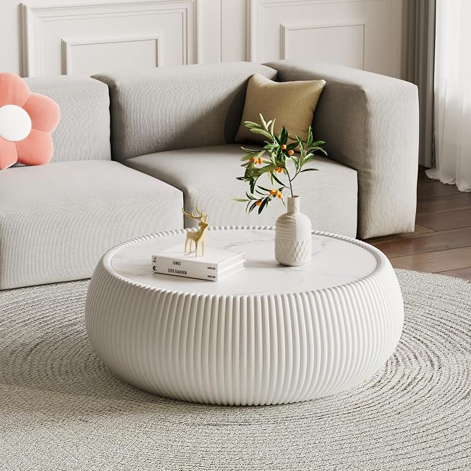 27.55" Round Marble Coffee Table, Modern Drum Coffee Cocktail Center Tables by Henf