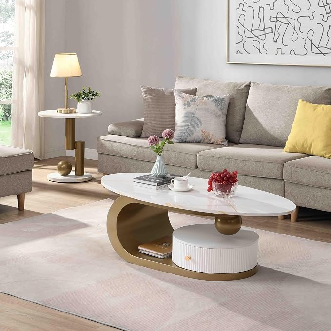 Modern Oval Coffee Table Set of 2, Faux Marble Coffee Table and Round End Table - Image 3