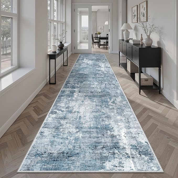Soalmost Hallway Runner Rug 2'6" x 12' Kitchen Rugs Abstract Blue/Grey | - Image 2