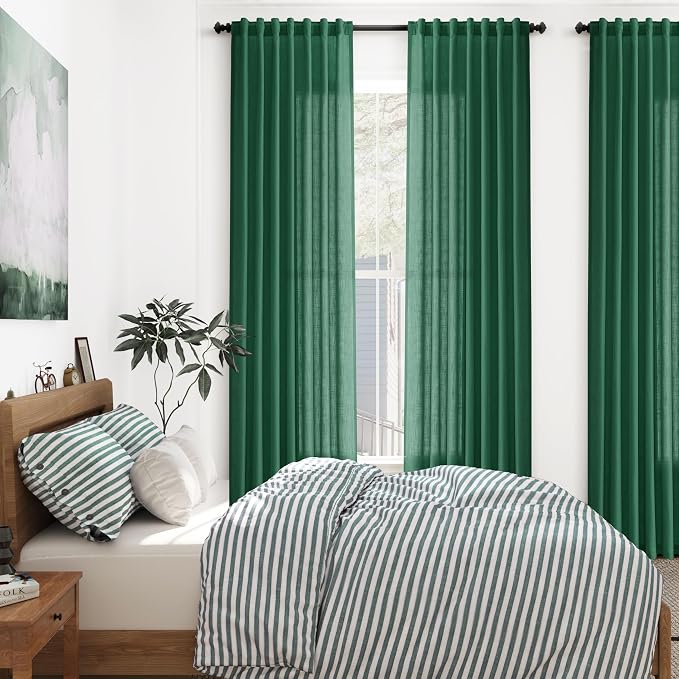 Dark Green Linen Curtains 102 Inches Long Rod Pocket Back Tab Drapes 2 Panels - Image 7