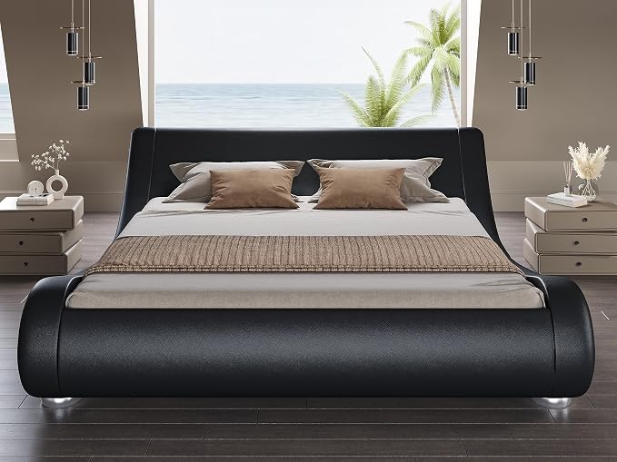 SHA CERLIN King Size Upholstered Bed Frame, Deluxe Low Profile Sleigh Bed - Image 3