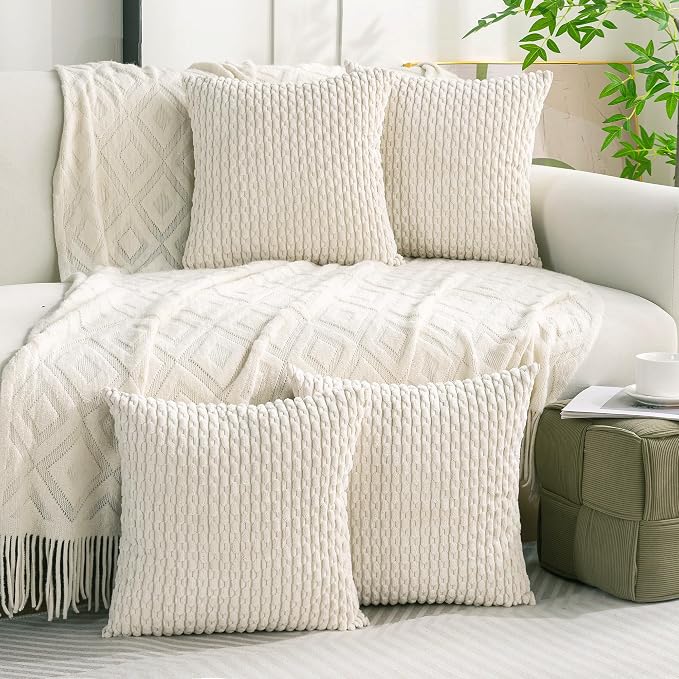 Set of 4 Cream White Decorative Throw Pillow Covers 26x26 Inch Corduroy Pillow - Image 9