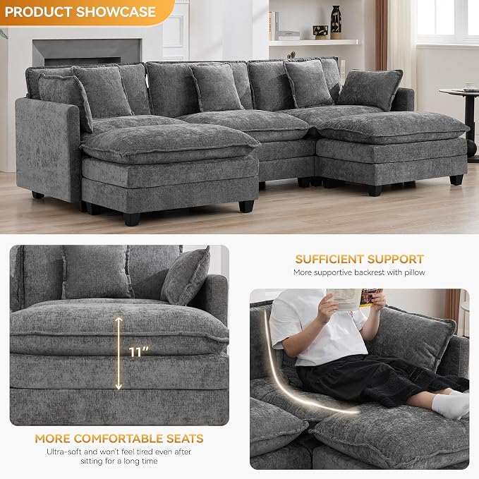111'' Sectional Cloud Deep Seat Couch, Oversized Chenille U Shaped Sectional - Image 3