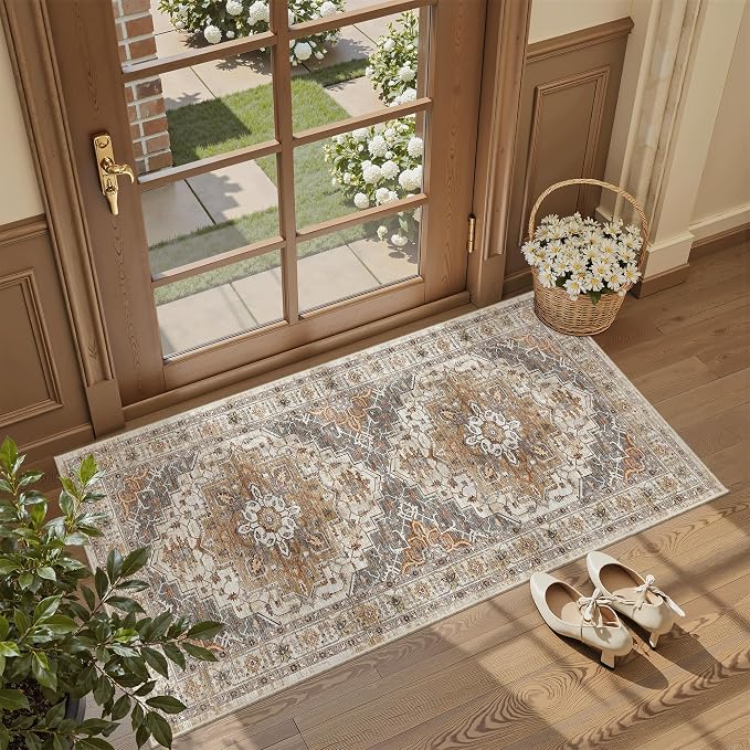 Madane Washable Area Rug 2x4, Small Entryway Rugs Non-Slip, Turmeric/Grey | by Madane