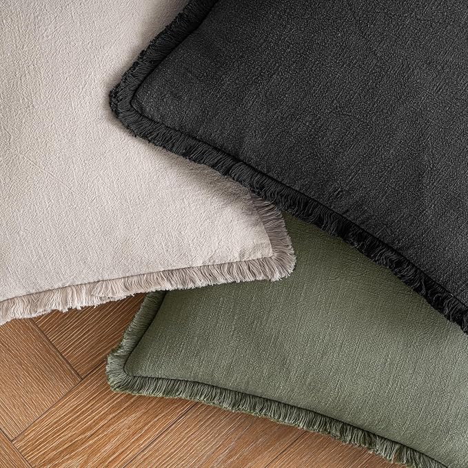 MIULEE Boho Linen Fringe Decorative Throw Pillow Covers Black 20x20 | Set of 2 - Image 4