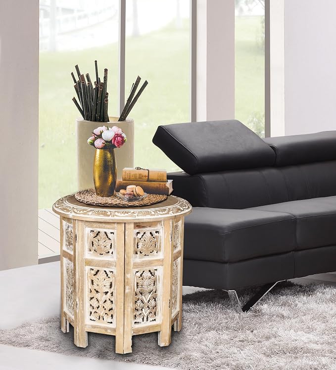 Lightnpro Hand Carved Solid Mango Wood Octagonal Accent Table - Image 9