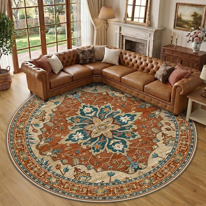 RELEANY Washable Area Rug, Round 10ft, Water Repellent, Pet Friendly, Vintage by RELEANY