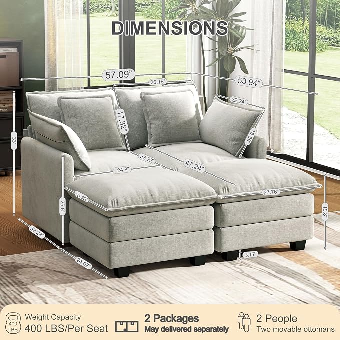 58" Cloud Couch Loveseat, Deep Seat Modular Sectional Sofa - Image 2