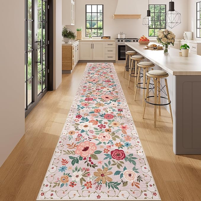 DUKINO 2.6x14 Washable Runner Rug, Floral Non Slip Long Runner Rug, Low Pile - Image 3