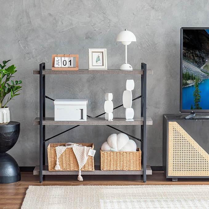 HCHQHS Bookshelf, 3-Tier Industrial Bookcase, Rustic Open Book Shelf, - Image 4