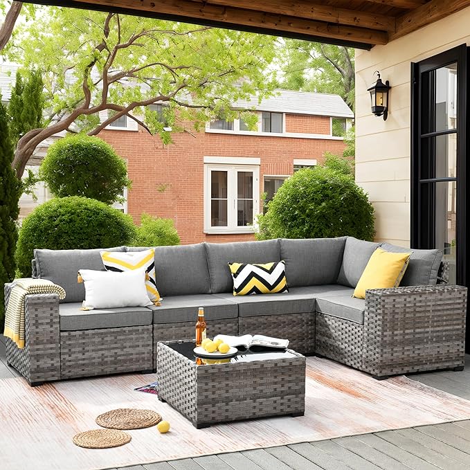 ovios 6 Pieces Patio Furniture Set, Outdoor Wicker Sectional Sofa by OVIOS