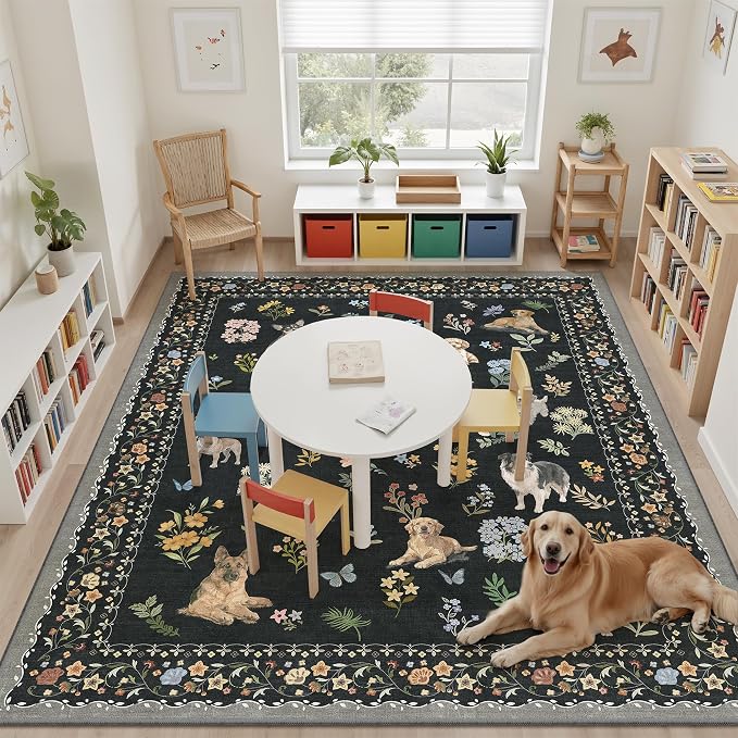 Soalmost Dog 9x12 Area Rugs for Living Room, Washable Animal Soft Rug Black | - Image 2
